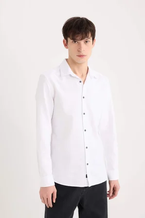 DeFacto Slim Fit Dar Kesim Pamuklu Basic Düz Uzun Kollu Beyaz Gömlek A4644AX25SPWT34