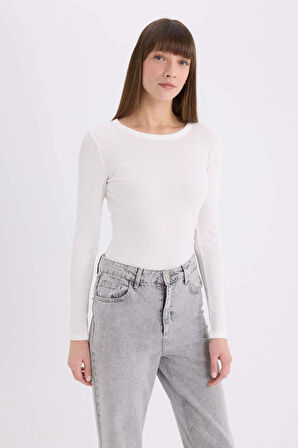 Slim Fit Dar Kesim Basic Düz Casual Fitilli Kaşkorse Uzun Kollu Tişört