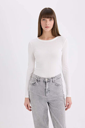 Slim Fit Dar Kesim Basic Düz Casual Fitilli Kaşkorse Uzun Kollu Tişört