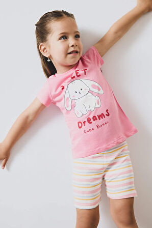 Kız Bebek Pijama Takımı Baskılı Kısa Kollu Fitilli Kaşkorse Üst Beli Lastikli Çizgili Şort
