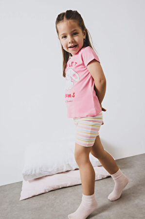 Kız Bebek Pijama Takımı Baskılı Kısa Kollu Fitilli Kaşkorse Üst Beli Lastikli Çizgili Şort