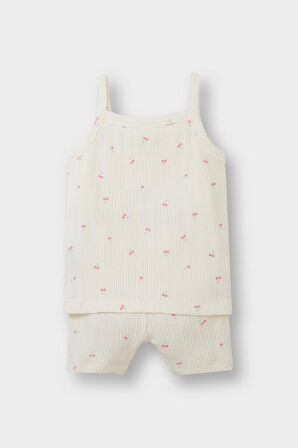 Kız Bebek Pijama Takımı Meyve Desenli Askılı Ribana Üst Şort