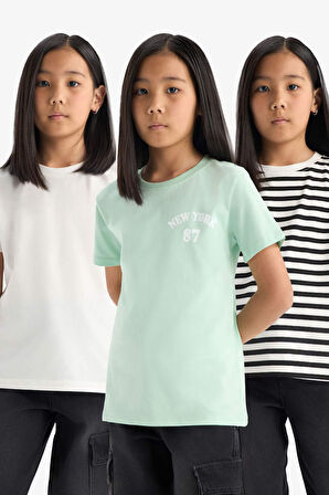 DeFacto Kız Çocuk Relax Fit Bisiklet Yaka 3'lü Kısa Kollu Tişört D9432A825SMGN240