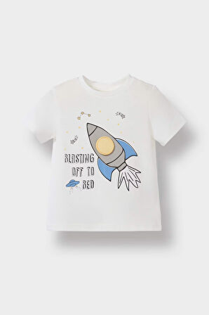 Erkek Bebek Pijama Takımı Uzay Baskılı Kısa Kollu Penye Üst Beli Lastikli Şort