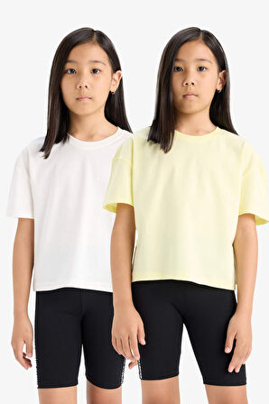 Kız Çocuk Relax Fit Bisiklet Yaka 2'li Kısa Kollu Tişört