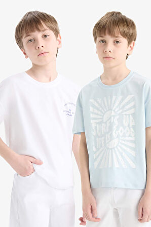 Kız Çocuk Relax Fit Bisiklet Yaka 2'li Kısa Kollu Tişört