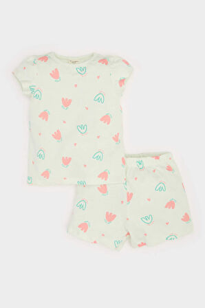 Kız Bebek Pijama Takımı Çiçekli Kısa Kollu Penye Üst Beli Lastikli Şort