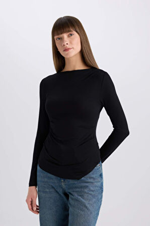 DeFacto Slim Fit Dar Kesim Bisiklet Yaka Basic Düz Soft Touch Uzun Kollu Tişört E5884AX25SPBK81