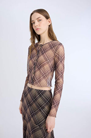 DeFacto Fitted Bisiklet Yaka Desenli Düğmeli Tül Uzun Kollu Tişört E4931AX25SPBN267