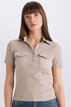 Slim Fit Dar Kesim Polo Yaka Casual Fitilli Kaşkorse Kısa Kollu Polo Tişört