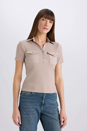 Slim Fit Dar Kesim Polo Yaka Casual Fitilli Kaşkorse Kısa Kollu Polo Tişört