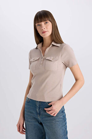 Slim Fit Dar Kesim Polo Yaka Casual Fitilli Kaşkorse Kısa Kollu Polo Tişört