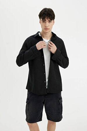 DeFacto Slim Fit Dar Kesim Pamuklu Basic Düz Uzun Kollu Siyah Gömlek A4644AX24AUBK27