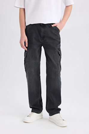 DeFacto %100 Pamuk Relax Fit Rahat Kesim Geniş Paça Kargo Cepli Siyah Jean Pantolon E6694AX25SPNM40