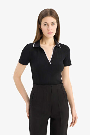 Slim Fit Dar Kesim Fitilli Kaşkorse Kısa Kollu Polo Tişört