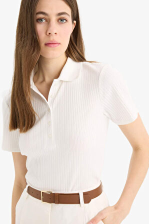 Slim Fit Dar Kesim Fitilli Kaşkorse Kısa Kollu Polo Tişört