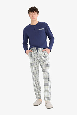 Regular Fit Pijama Takımı Uzun Kollu Üst Kareli Uzun Alt