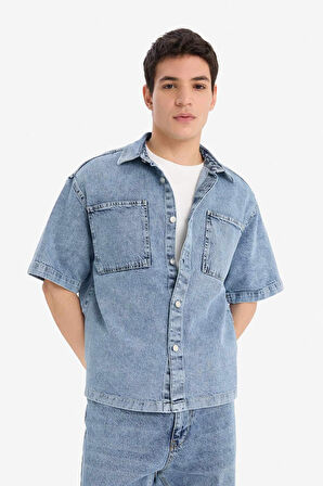 Relax Fit Pamuklu Yazlık Kısa Kollu Jean Gömlek