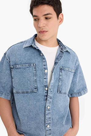 DeFacto %100 Pamuk Relax Fit Yazlık Kısa Kollu Jean Gömlek D8109AX25SPNM28