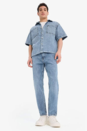 DeFacto %100 Pamuk Relax Fit Yazlık Kısa Kollu Jean Gömlek D8109AX25SPNM28