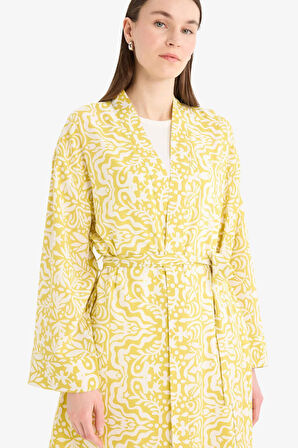 Relax Fit Bisiklet Yaka Desenli Viskon Kimono