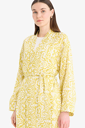 Relax Fit Bisiklet Yaka Desenli Viskon Kimono