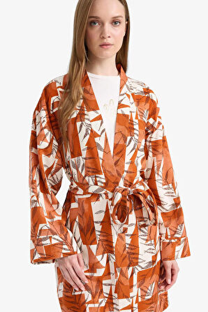 Relax Fit Bisiklet Yaka Desenli Viskon Kimono