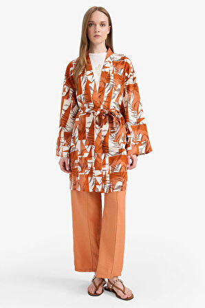 Relax Fit Bisiklet Yaka Desenli Viskon Kimono