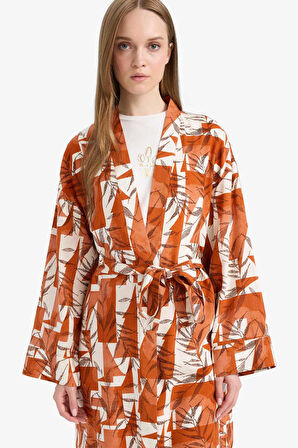 Relax Fit Bisiklet Yaka Desenli Viskon Kimono