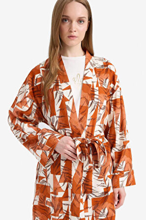 Relax Fit Bisiklet Yaka Desenli Viskon Kimono
