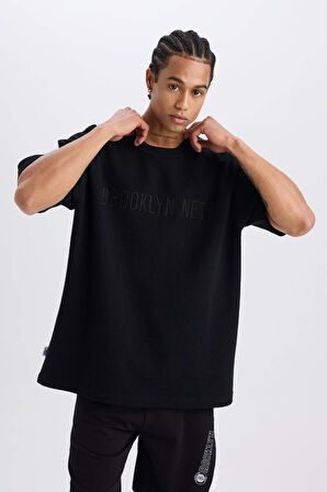 DeFactoFit NBA Brooklyn Nets Oversize Geniş Kalıp Bisiklet Yaka Waffle Kısa Kollu Tişört D8504AX25SPBK81
