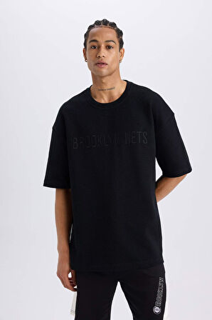 DeFactoFit NBA Brooklyn Nets Oversize Geniş Kalıp Bisiklet Yaka Waffle Kısa Kollu Tişört D8504AX25SPBK81