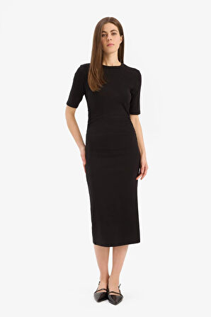 Bodycon Vücudu Saran Bisiklet Yaka Basic Düz Ribana Kısa Kollu Midi Elbise