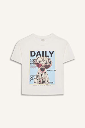 DeFacto Kız Çocuk Relax Fit Bisiklet Yaka Baskılı Kısa Kollu Tişört E1827A825SMER238