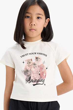 DeFacto Kız Çocuk Fitted Bisiklet Yaka Baskılı Kısa Kollu Tişört E1825A825SMER238