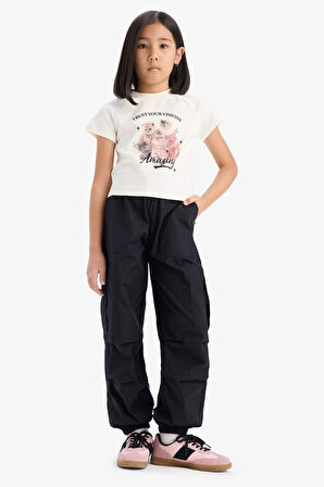 DeFacto Kız Çocuk Fitted Bisiklet Yaka Baskılı Kısa Kollu Tişört E1825A825SMER238