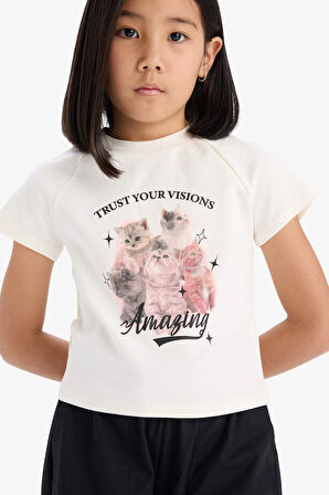 DeFacto Kız Çocuk Fitted Bisiklet Yaka Baskılı Kısa Kollu Tişört E1825A825SMER238