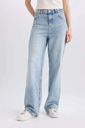 90's Wide Leg Yüksek Bel Uzun Jean Yıkamalı Pantolon
