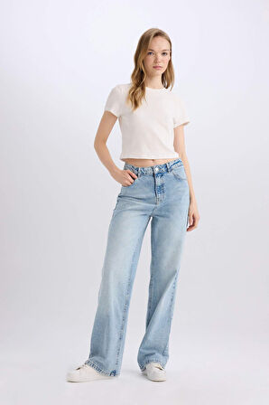 90's Wide Leg Yüksek Bel Uzun Jean Yıkamalı Pantolon