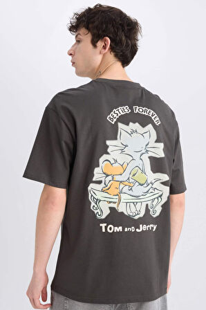 Tom & Jerry Boxy Fit Bisiklet Yaka Sırt Baskılı Kısa Kollu Tişört