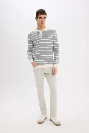 DeFacto Standart Fit Polo Yaka Çizgili Triko Kazak E7604AX24WNGR253