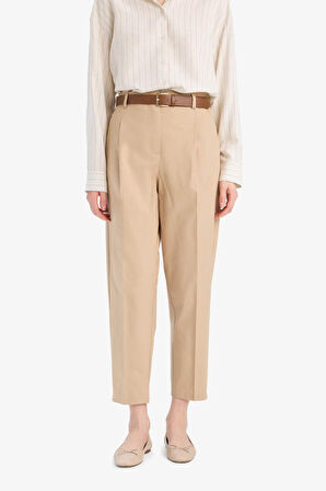 Carrot Fit Gabardin Kumaş Pantolon Kemerli Yüksek Bel Kısa Paça