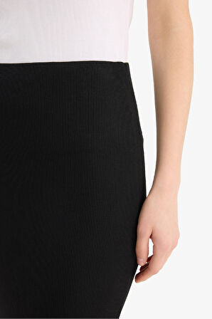 Yüksek Bel Fitilli Kaşkorse Basic Düz Maxi Siyah Kalem Etek