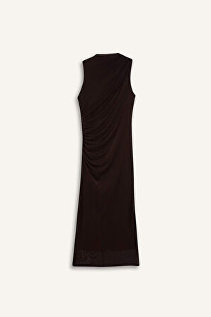 Bodycon Vücudu Saran Yarım Balıkçı Yaka Basic Düz Tül Kolsuz Maxi Elbise