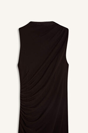 Bodycon Vücudu Saran Yarım Balıkçı Yaka Basic Düz Tül Kolsuz Maxi Elbise