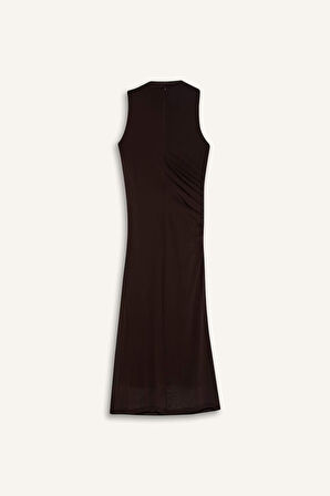 Bodycon Vücudu Saran Yarım Balıkçı Yaka Basic Düz Tül Kolsuz Maxi Elbise