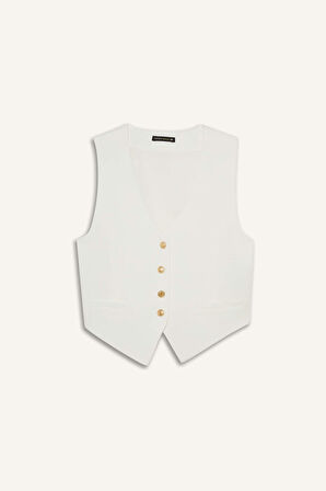 Crop V Yaka Keten Karışımlı Blazer Yelek