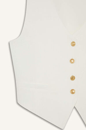 Crop V Yaka Keten Karışımlı Blazer Yelek