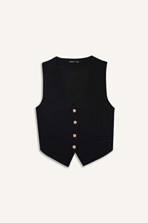 Crop V Yaka Keten Karışımlı Blazer Yelek