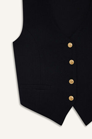 Crop V Yaka Keten Karışımlı Blazer Yelek